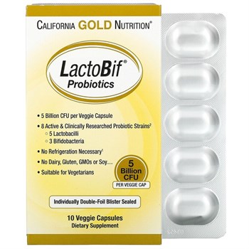 California Gold Nutrition, LactoBif, пробиотики, 5 млрд КОЕ, 10 вегетарианских капсул - фото 18076