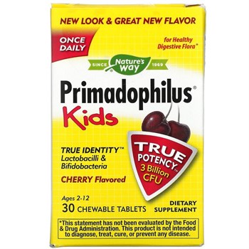 Nature's Way, Primadophilus, Kids, Cherry, 3 Billion CFU, 30 Chewable Tablets - фото 18451