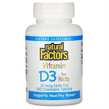 Natural Factors, витамин D3, клубничный вкус, 10 мкг (400 МЕ), 100 жевательных таблеток - фото 19134
