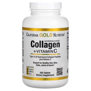 California Gold Nutrition, Гидролизованные пептиды коллагена + витамин С, тип I и III, 250 таблеток - фото 19368