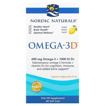 Nordic Naturals, Омега-3D, лимон, 1000 мг, 60 мягких желатиновых капсул - фото 20418